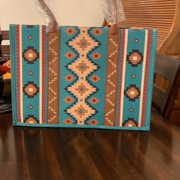 Wrangler Southwestern Pattern Dual Sided Print Canvas Wide Tote - Turquoise - Picture 4 of 14